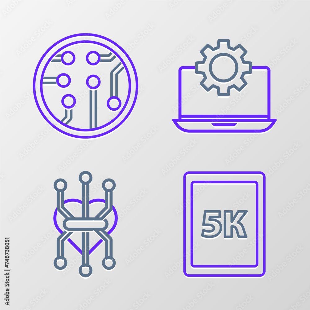 Set line Tablet with text 5k, Processor, Laptop and gear and icon. Vector Set line Tablet with text 5k, Processor, Laptop and gear and icon. Vector