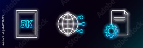 Set line File document, Tablet with text 5k and Global technology or social network icon. Glowing neon. Vector