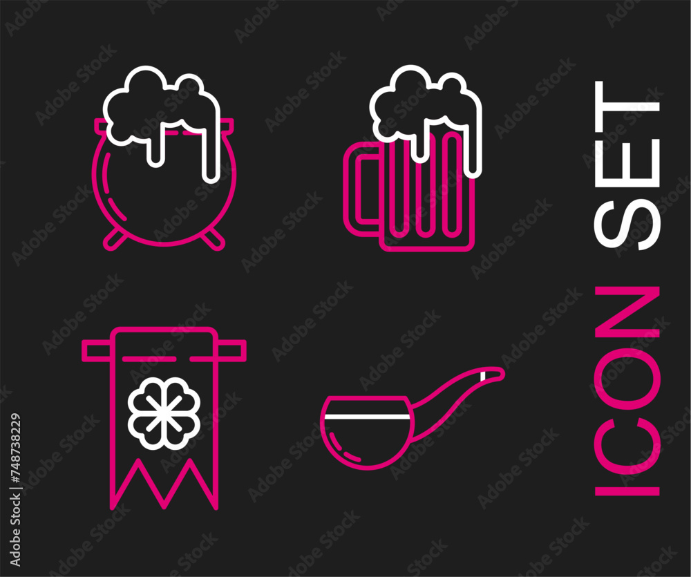 Set line Smoking pipe, Four leaf clover and party pennant, Wooden beer mug and Witch cauldron icon. Vector Set line Smoking pipe, Four leaf clover and party pennant, Wooden beer mug and Witch cauldron icon. Vector