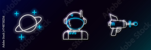 Set line Ray gun, Planet and Astronaut icon. Glowing neon. Vector