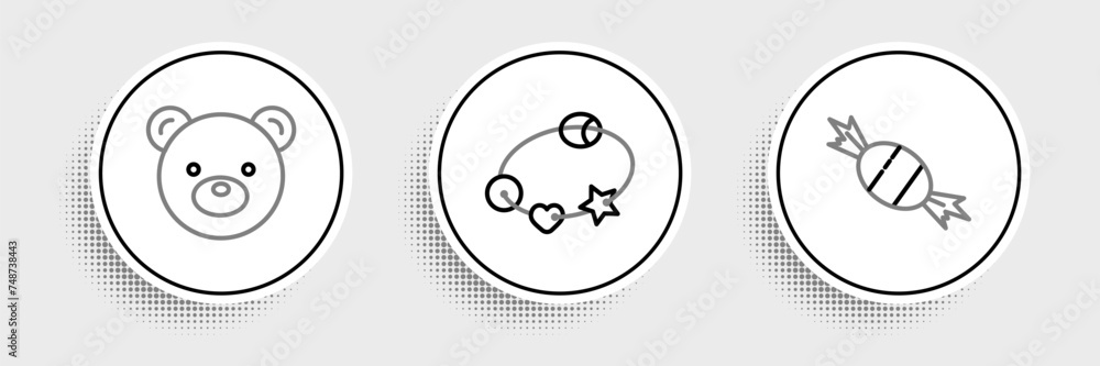 Fototapeta premium Set line Candy, Teddy bear plush toy and Rattle baby icon. Vector