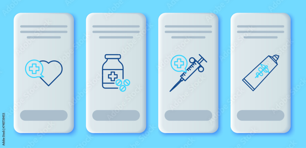 Set line Medicine bottle and pills, Medical syringe with needle, Heart cross and Ointment cream tube medicine icon. Vector