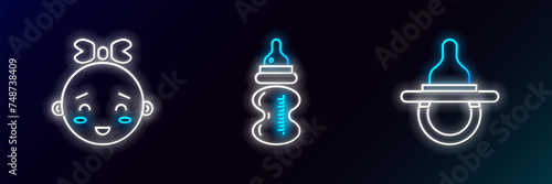 Set line Baby dummy pacifier, Happy little girl head and bottle icon. Glowing neon. Vector