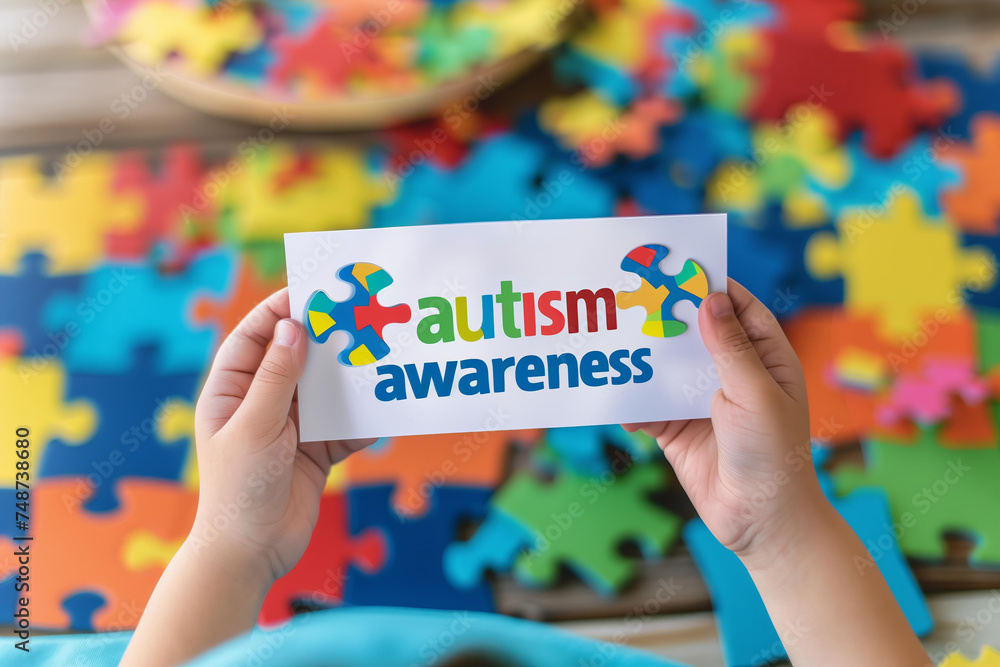 childs hands holding a white rectangular paper with text autism awareness, colorful puzzle pieces in the background childs hands holding a white rectangular paper with text autism awareness, colorful puzzle pieces in the background