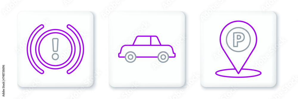 Set line Location with parking, Brake system warning and Car icon. Vector Set line Location with parking, Brake system warning and Car icon. Vector