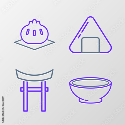 Set line Bowl of hot soup, Japan Gate, Sushi and Khinkali on cutting board icon. Vector