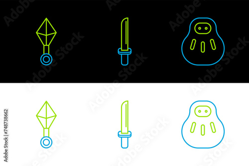 Set line Maneki neko cat, Japanese ninja shuriken and katana icon. Vector