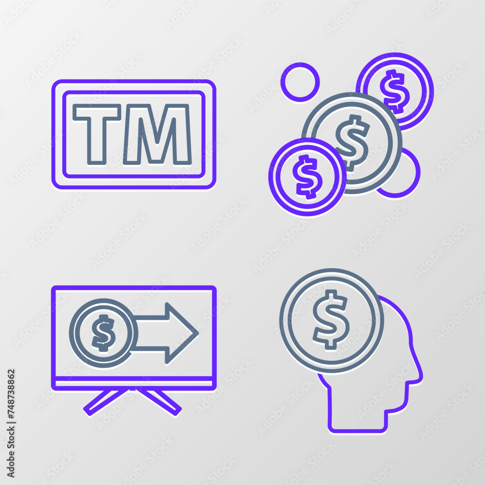 Set line Business man planning mind, Monitor with dollar, Coin money and Trademark icon. Vector Set line Business man planning mind, Monitor with dollar, Coin money and Trademark icon. Vector