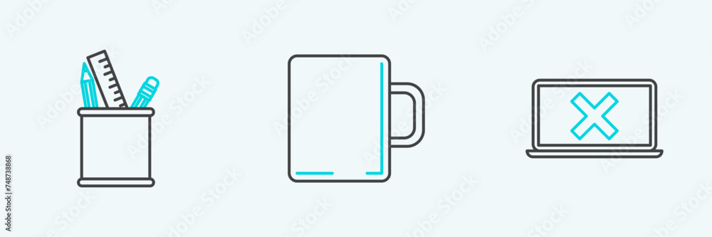 Set line Laptop and cross mark on screen, Pencil case stationery and Coffee cup icon. Vector Set line Laptop and cross mark on screen, Pencil case stationery and Coffee cup icon. Vector