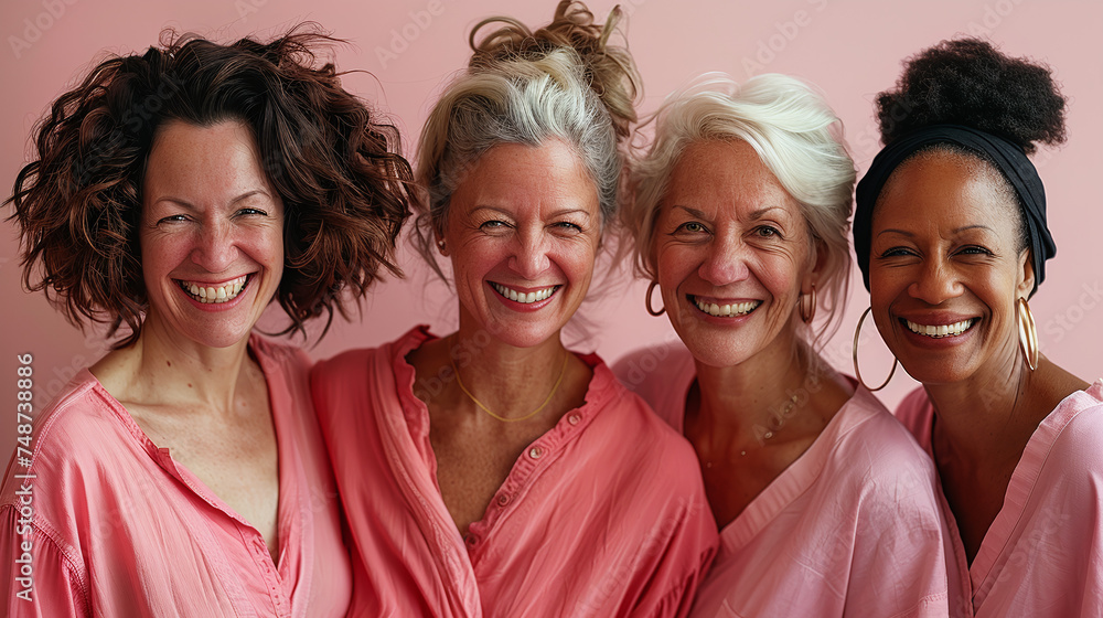 Fototapeta premium portrait of smiling 60 years old women dressed in pink outfits, celebrating women's day march 8th, togetherness, women's rights