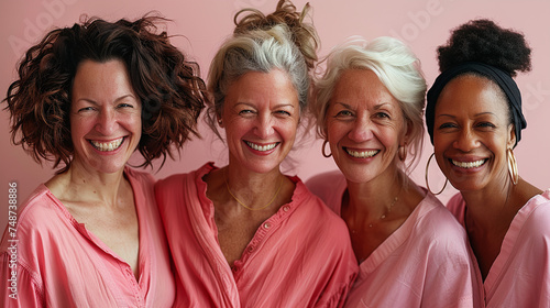 portrait of smiling 60 years old women dressed in pink outfits, celebrating women's day march 8th, togetherness, women's rights photo