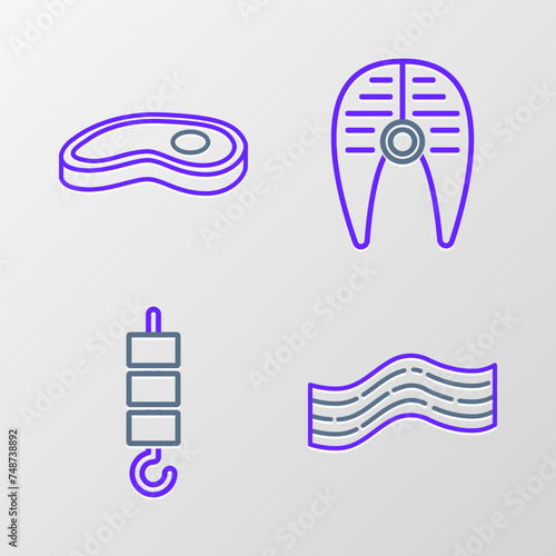 Set line Bacon stripe, Grilled shish kebab skewer stick, Fish steak and Steak meat icon. Vector