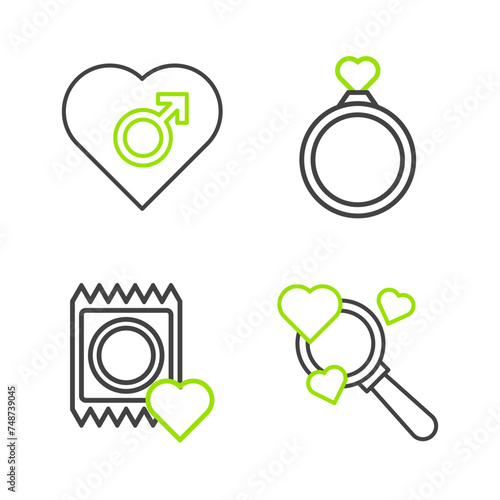 Set line Search heart and love, Condom in package, Wedding rings and Heart with male gender icon. Vector