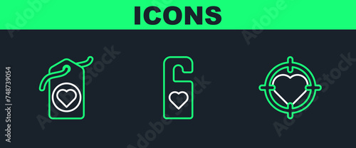 Set line Heart in the center of darts target aim, tag and Please do not disturb with heart icon. Vector