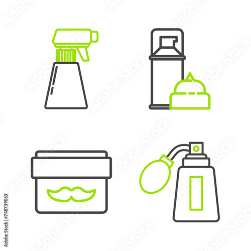 Set line Aftershave bottle with atomizer, Cream or lotion cosmetic jar, Shaving gel foam and Hairdresser pistol spray icon. Vector