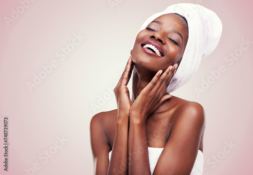 Black woman, skin care and happy for beauty, studio and wellness in fresh look with smile and face touch. African female person, cosmetic, and aloe vera for anti age, nude and natural confidence