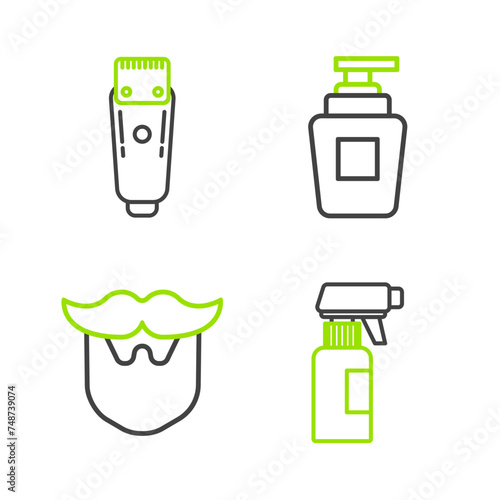 Set line Hairdresser pistol spray bottle, Mustache and beard, Bottle of shampoo and Electrical hair clipper or shaver icon. Vector