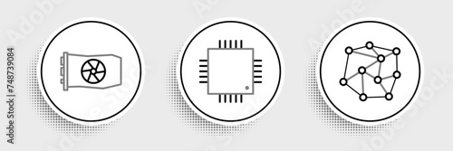 Set line Neural network, Video graphic card and Processor with microcircuits CPU icon. Vector