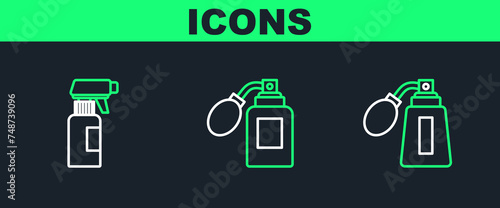 Set line Aftershave bottle with atomizer, Hairdresser pistol spray and icon. Vector