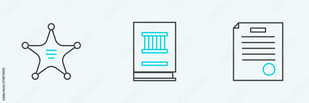Set line The arrest warrant, Hexagram sheriff and Law book icon. Vector Set line The arrest warrant, Hexagram sheriff and Law book icon. Vector