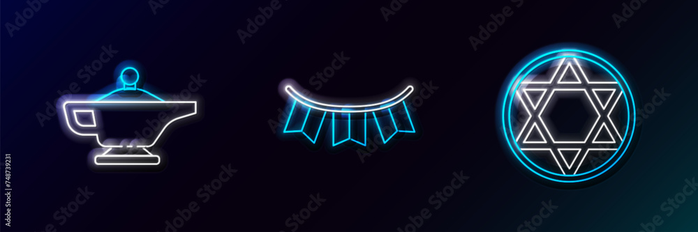 Set line Star of David, Magic lamp or Aladdin and Carnival garland with flags icon. Glowing neon. Vector Set line Star of David, Magic lamp or Aladdin and Carnival garland with flags icon. Glowing neon. Vector