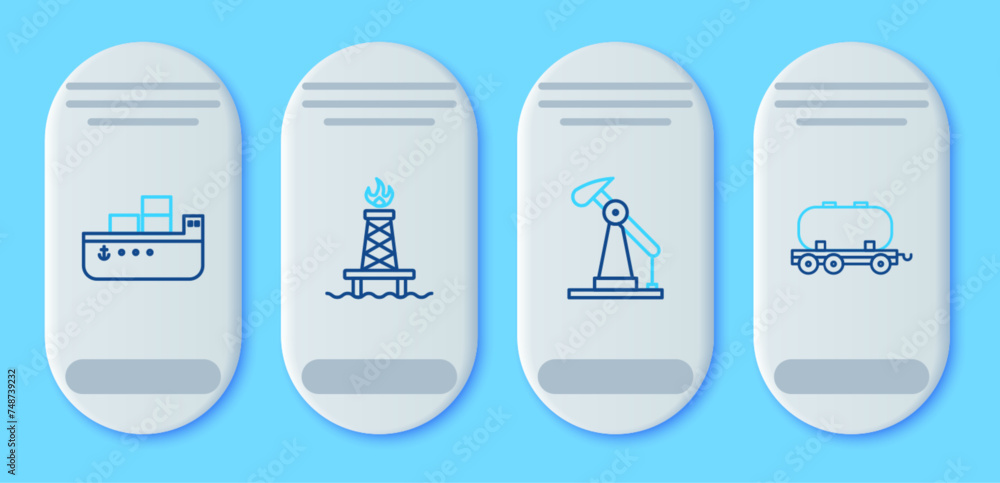 Set line Oil rig with fire, pump or pump jack, tanker ship and railway cistern icon. Vector