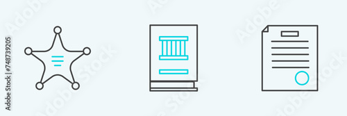 Set line The arrest warrant, Hexagram sheriff and Law book icon. Vector