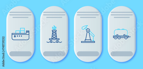 Set line Oil rig with fire, pump or pump jack, tanker ship and railway cistern icon. Vector