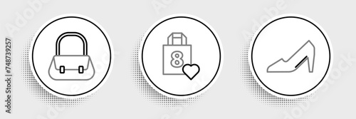 Set line Woman shoe, Handbag and Shopping with heart icon. Vector