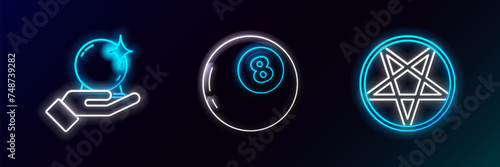 Set line Pentagram in a circle, Magic ball on hand and of predictions icon. Glowing neon. Vector