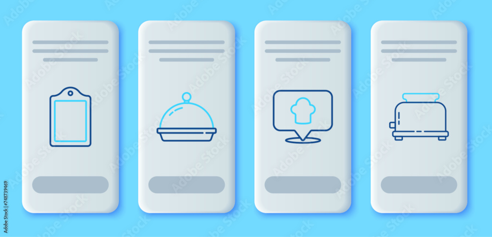 Set line Covered with tray of food, Chef hat location, Cutting board and Toaster icon. Vector