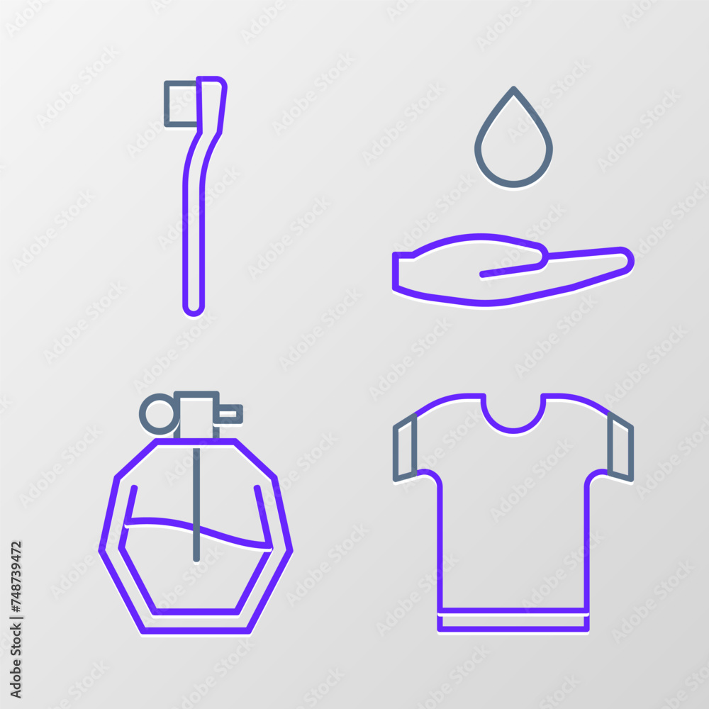 Set line T-shirt, Perfume, Washing hands with soap and Toothbrush icon. Vector