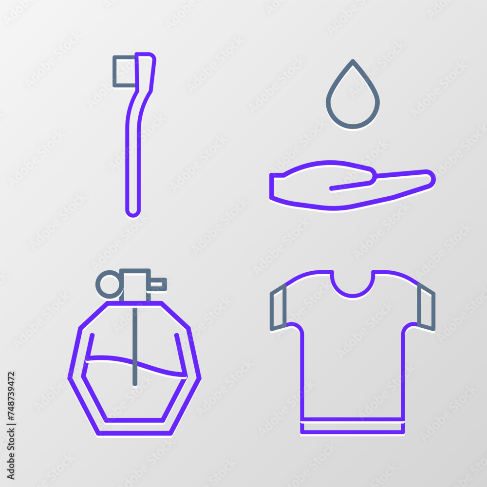 Set line T-shirt, Perfume, Washing hands with soap and Toothbrush icon. Vector Set line T-shirt, Perfume, Washing hands with soap and Toothbrush icon. Vector