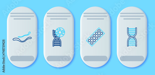 Set line DNA symbol and virus, Pills in blister pack, Ebola disease and icon. Vector