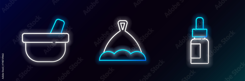 Set line Essential oil bottle, Mortar and pestle and Sauna hat icon. Glowing neon. Vector Set line Essential oil bottle, Mortar and pestle and Sauna hat icon. Glowing neon. Vector