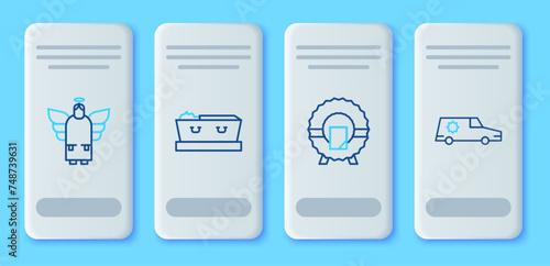 Set line Coffin with dead, Memorial wreath, Christmas angel and Hearse car icon. Vector