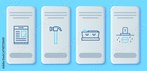 Set line Hammer, Coffin with dead, Obituaries and Grave coffin icon. Vector
