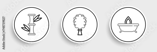 Set line Aroma candle, Bamboo and Sauna broom icon. Vector