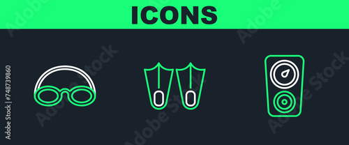 Set line Gauge scale, Glasses and cap and Rubber flippers icon. Vector
