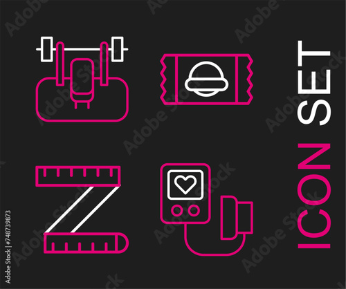 Set line Blood pressure, Tape measure, Sports nutrition and Bench with barbel icon. Vector