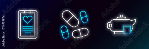 Set line Teapot with cup, Medical clipboard and Vitamin pill icon. Glowing neon. Vector