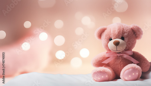Pink toy bear by the child's bed world cancer day concept © terra.incognita