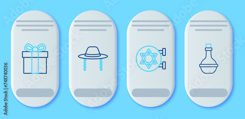 Set line Orthodox jewish hat, Jewish synagogue, Gift box and wine bottle icon. Vector