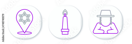 Set line Orthodox jewish hat, Star of David and Burning candle icon. Vector