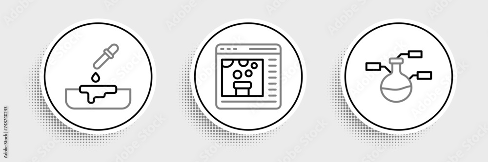 Set line Test tube and flask, Petri dish with pipette and Chemical online icon. Vector Set line Test tube and flask, Petri dish with pipette and Chemical online icon. Vector