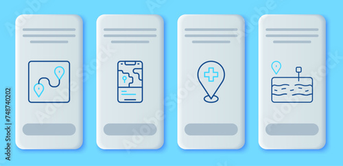 Set line City map navigation, Medical location with cross, Route and Broken road icon. Vector