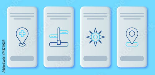 Set line Road traffic sign, Wind rose, Medical location with cross and Location icon. Vector