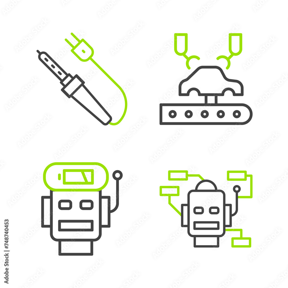 Set line Robot, low battery charge, Robotic robot arm on factory and Soldering iron icon. Vector Set line Robot, low battery charge, Robotic robot arm on factory and Soldering iron icon. Vector