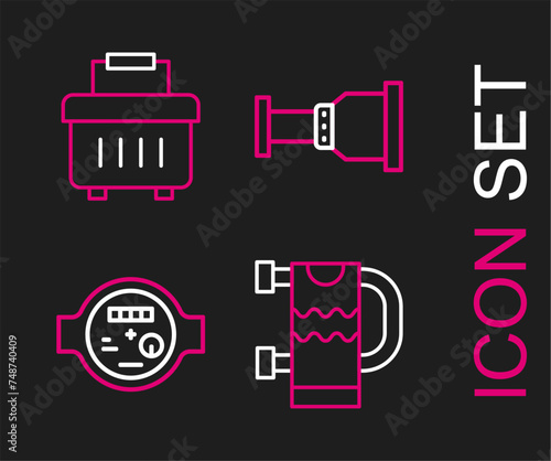 Set line Heated towel rail, Water meter, Pipe adapter and Toolbox icon. Vector