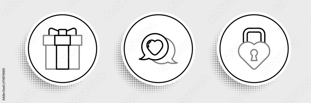 Set line Castle in the shape of heart, Gift box and Heart speech bubble icon. Vector Set line Castle in the shape of heart, Gift box and Heart speech bubble icon. Vector